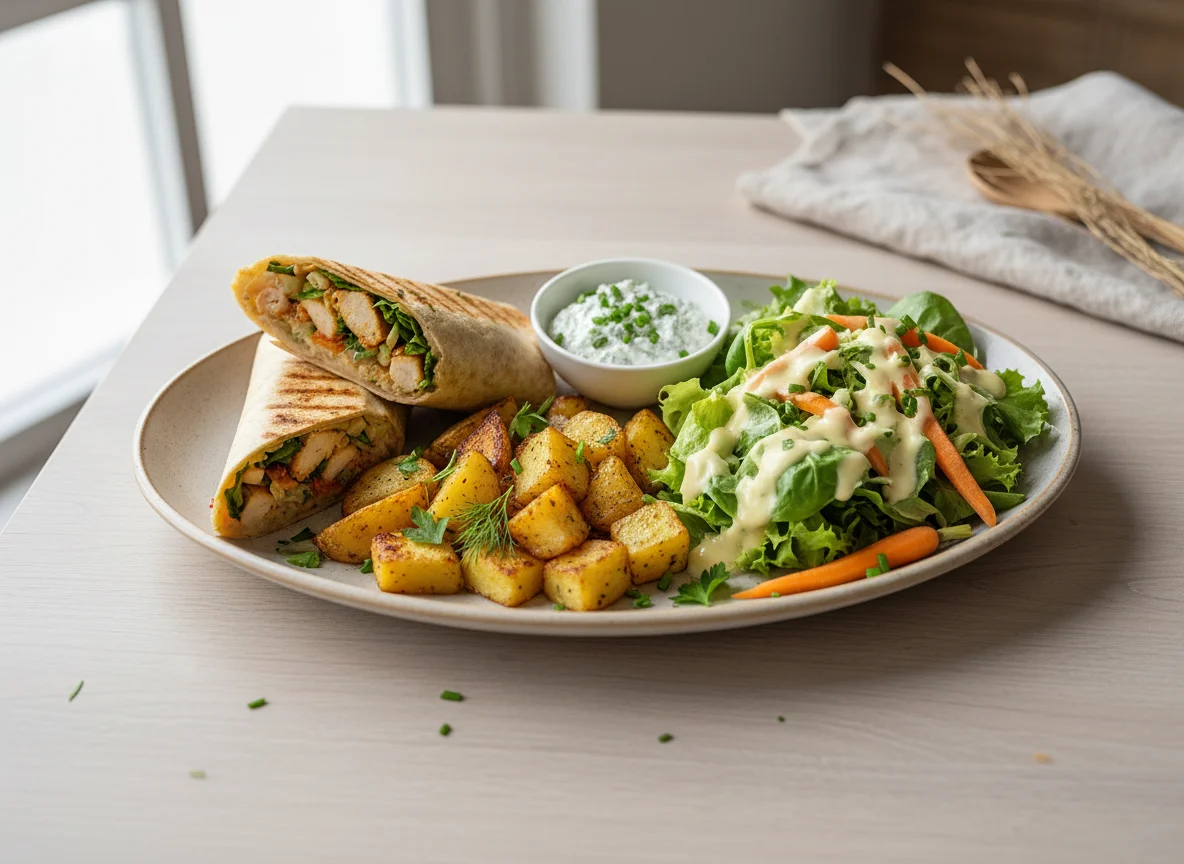 Gemischter Teller mit Wrap, Kartoffeln und Salat photo