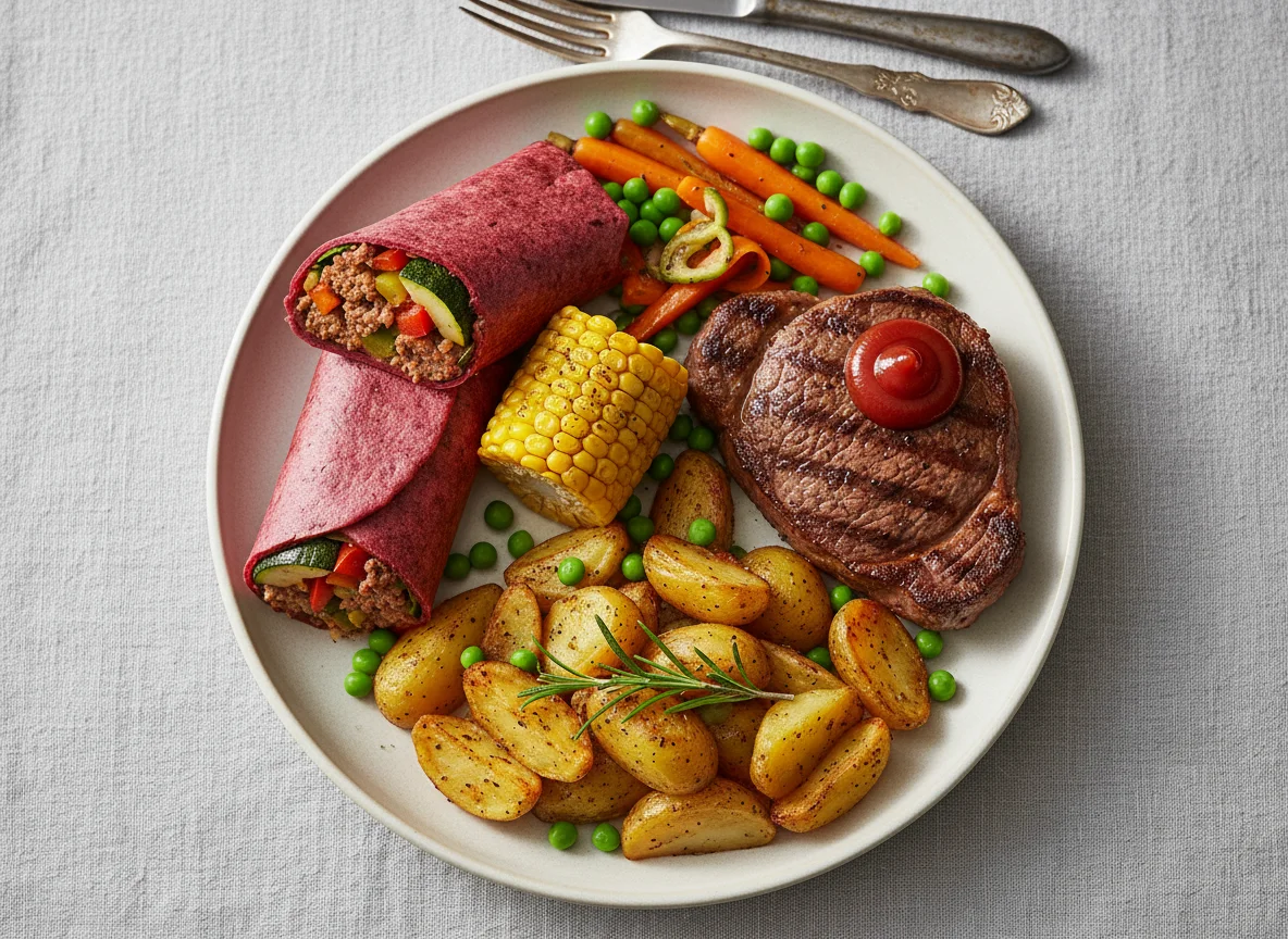 Gemischter Teller mit Wrap, Steak und Gemüse photo