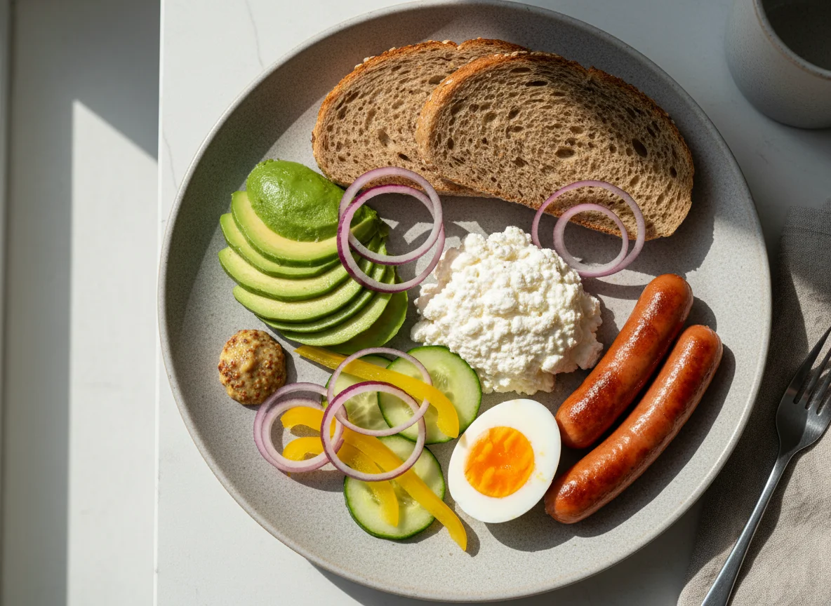 Gemischter Teller mit Wurst, Eiern und Frischkäse photo