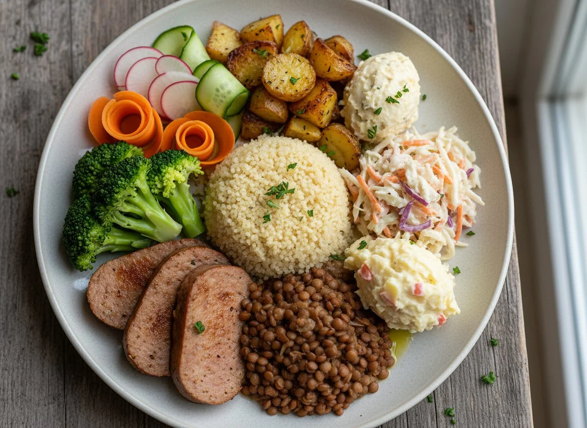 Gemischter Teller mit Wurst, Linsen, Couscous und Gemüse photo