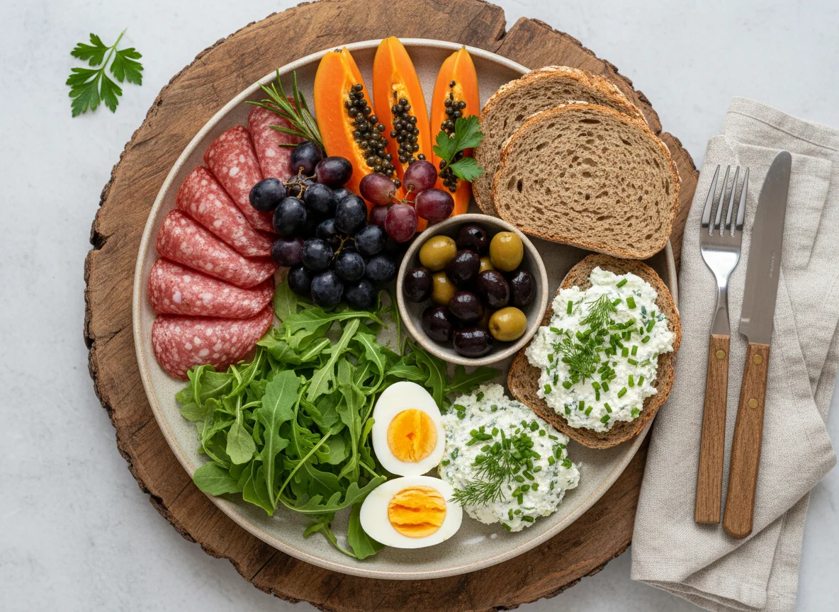 Gemischter Teller mit Wurst, Obst und Brot photo