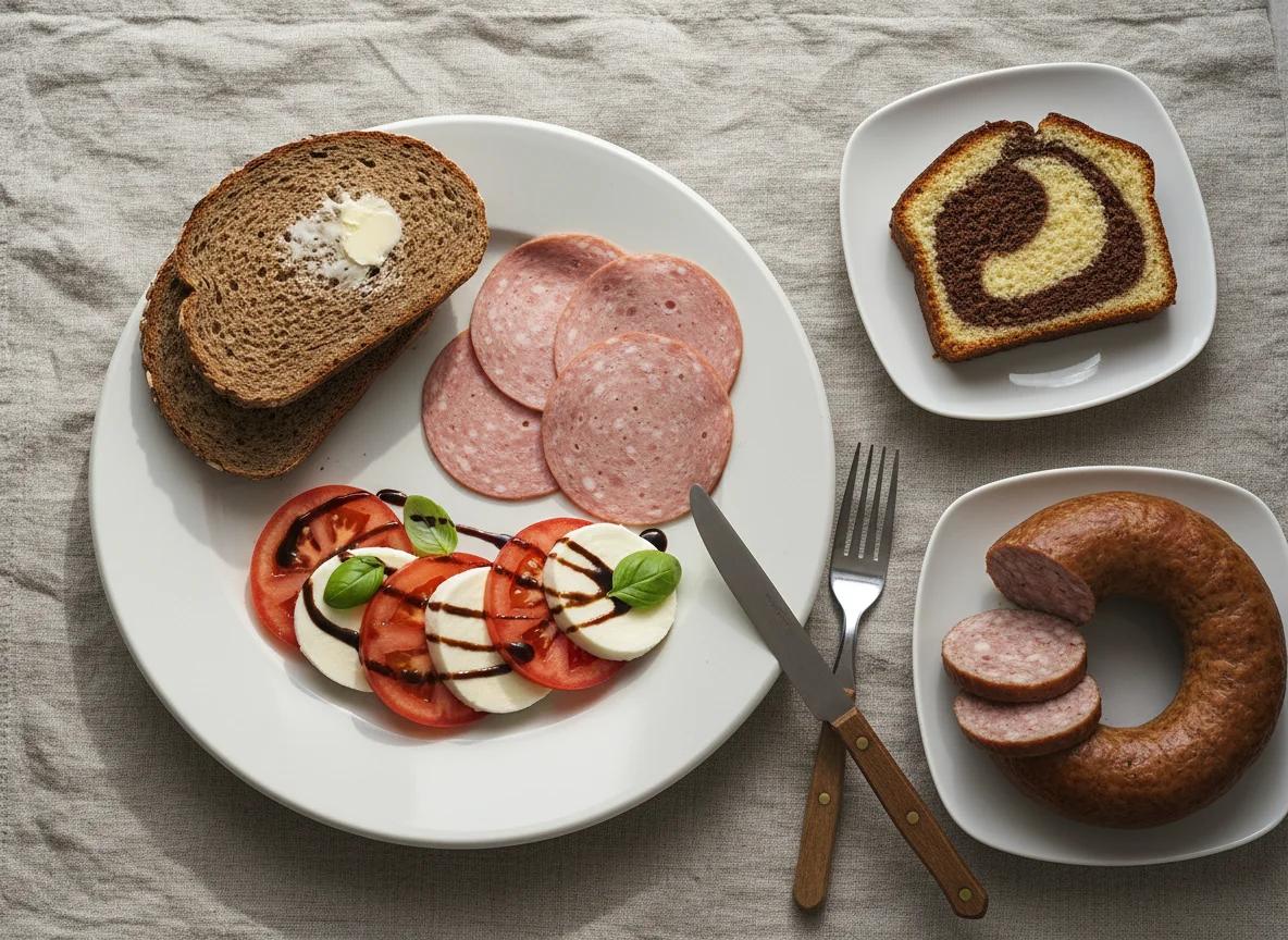 Gemischtes Abendessen mit Brot, Wurst, Caprese und Kuchen photo