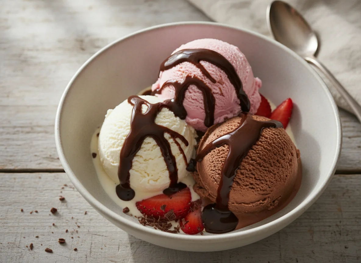 Gemischtes Eis mit Schokoladensauce photo