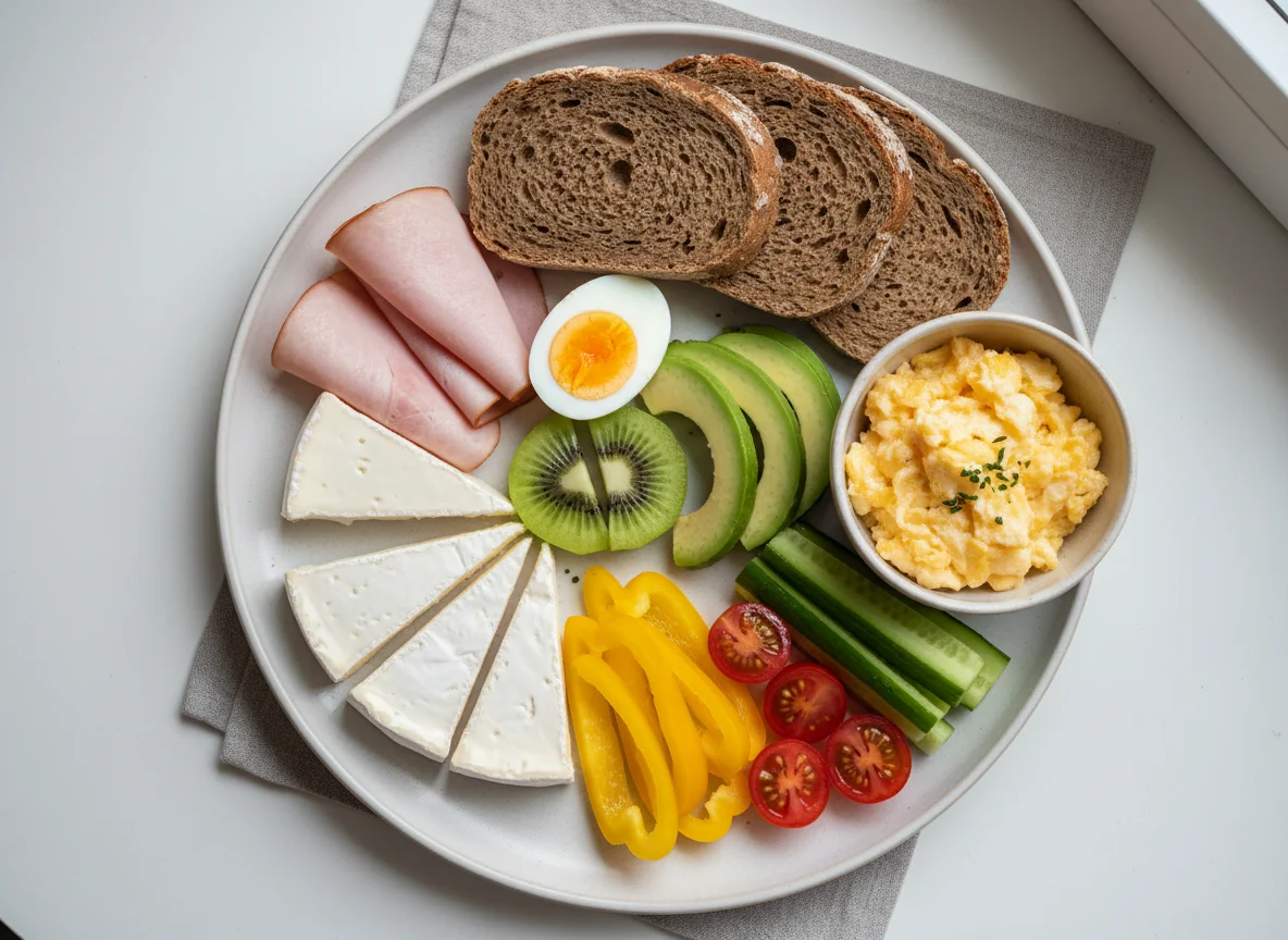 Gemischtes Frühstück mit Brot, Aufschnitt und Gemüse photo