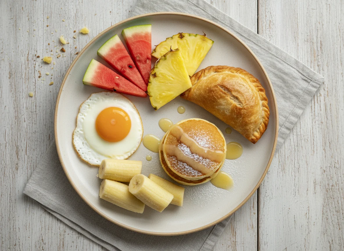 Gemischtes Frühstück mit Ei, Gebäck und Obst photo