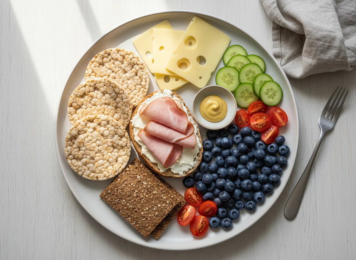 Gemischtes Frühstück mit Käse, Schinken und Beeren photo