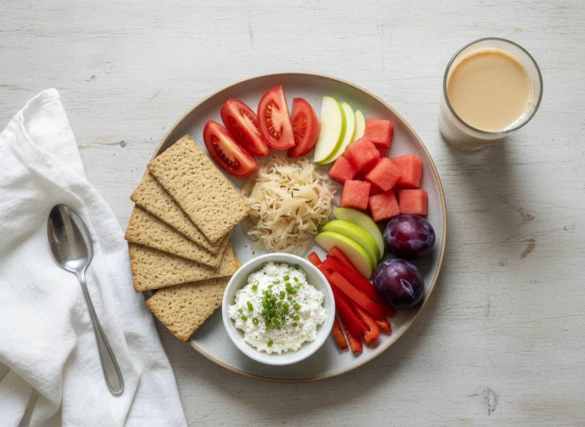 Gemischtes Frühstück mit Knäckebrot und Obst photo