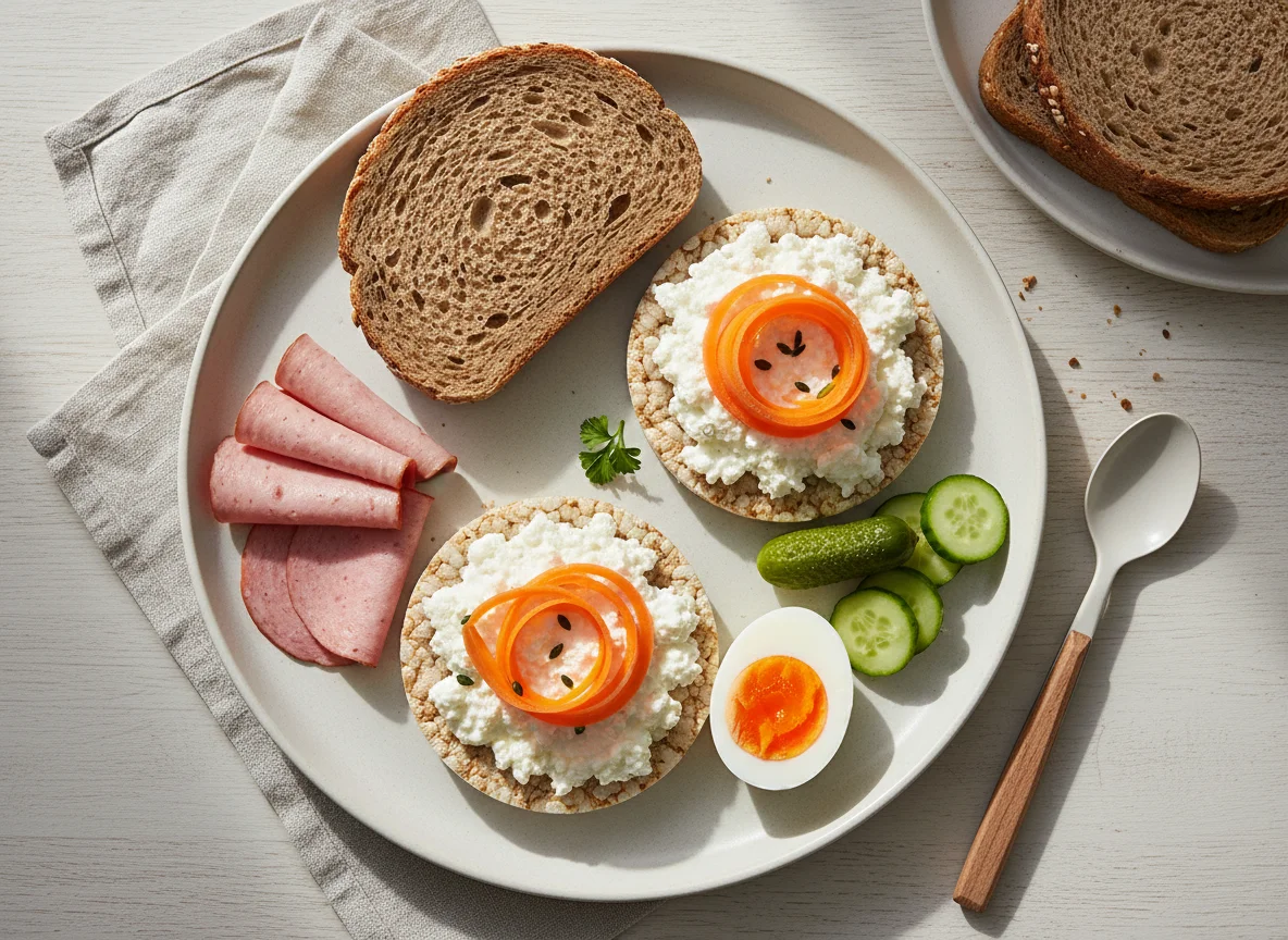 Gemischtes Frühstück mit Reiswaffeln und Brot photo