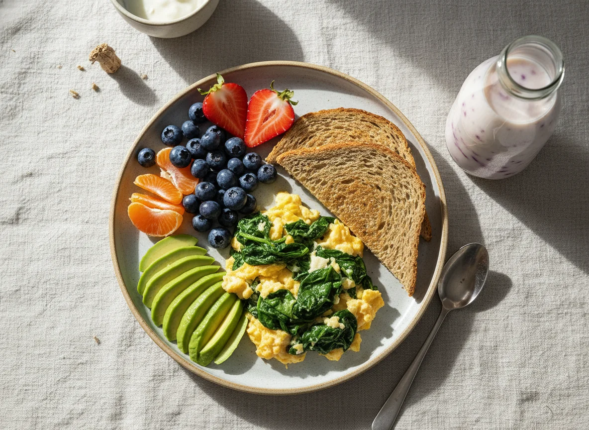 Gemischtes Frühstück mit Spinat-Ei, Obst und Avocado photo