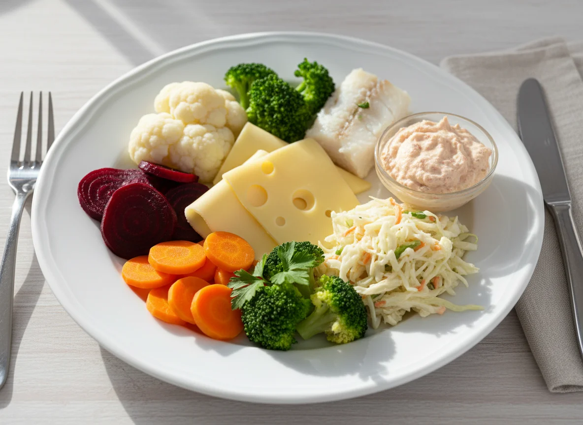 Gemischtes Mittagessen mit Käse, Fisch und Gemüse photo