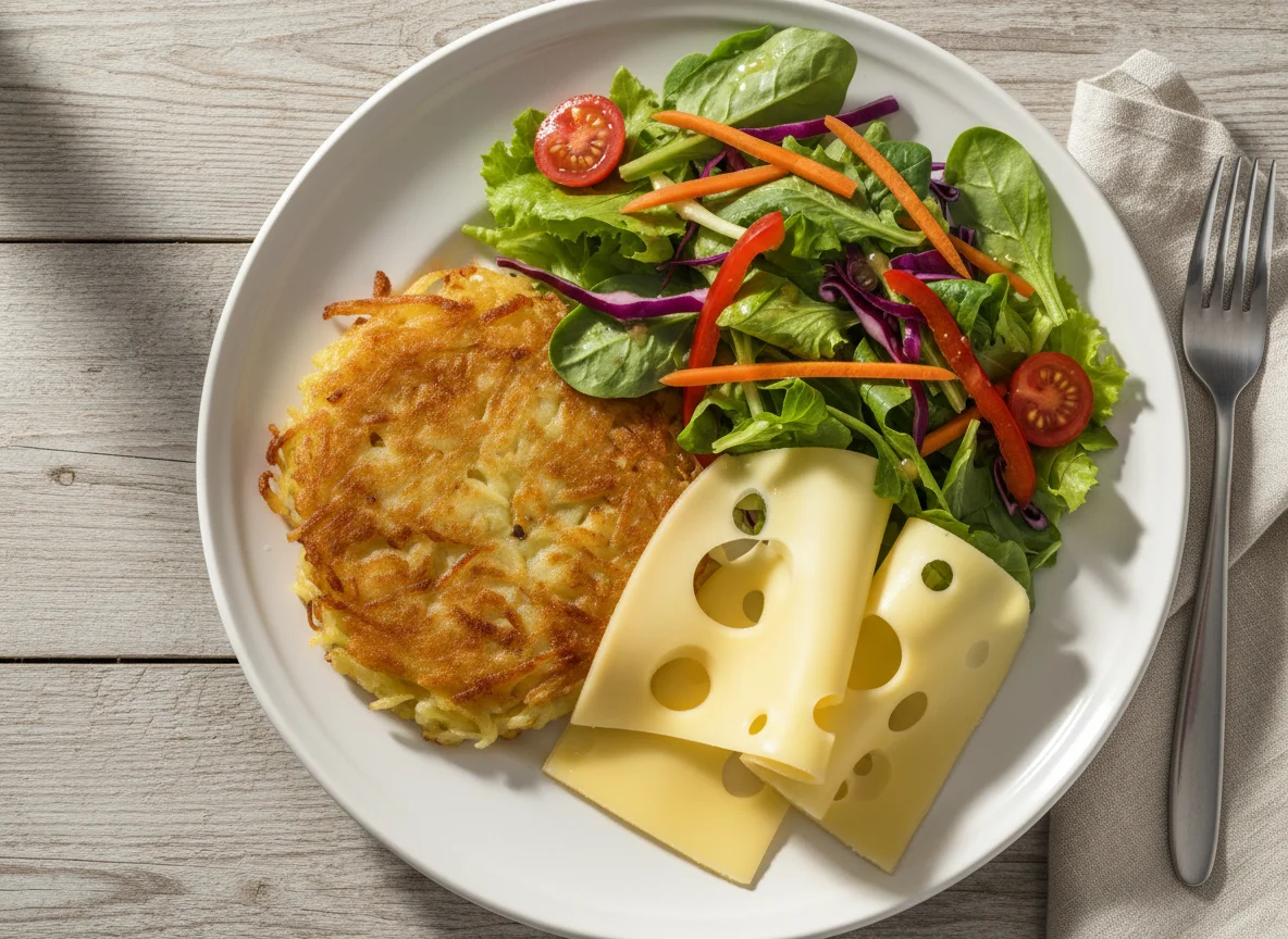 Gemischtes Mittagessen mit Rösti, Salat und Käse photo