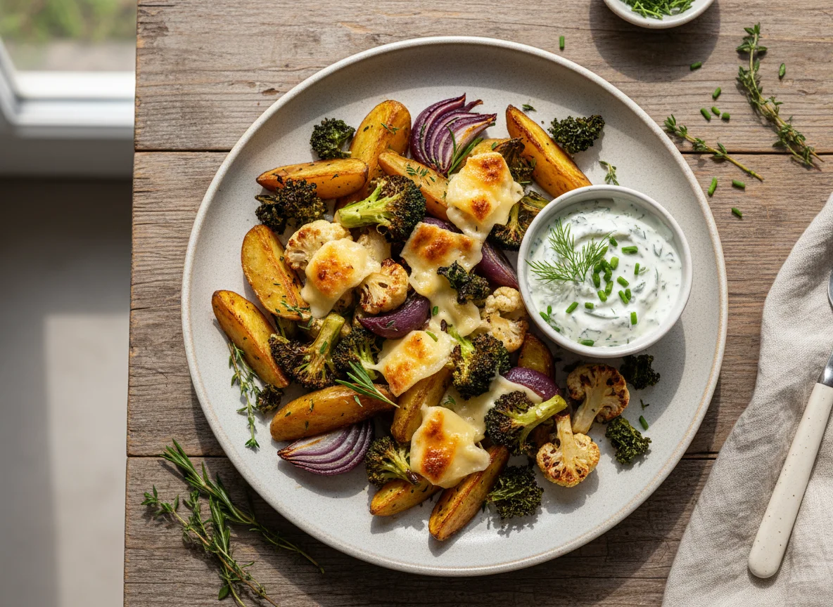 Gemischtes Ofengemüse mit Dip und Grünkohlchips (Halbe Portion) photo