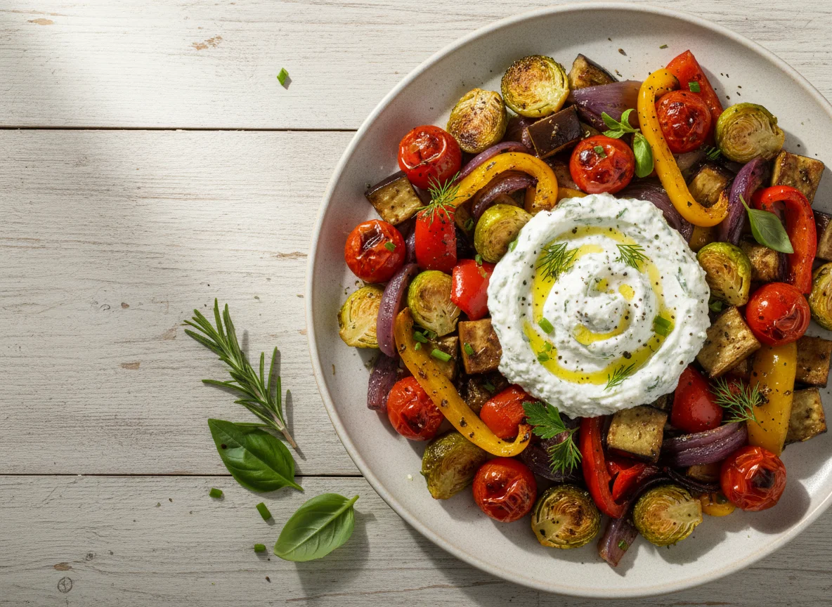 Gemischtes Ofengemüse mit Kräuterquark photo