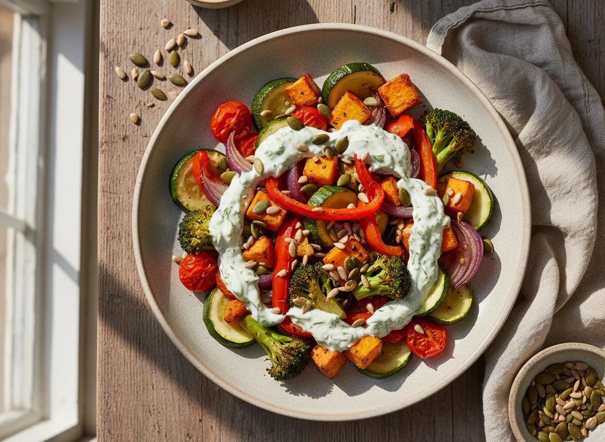 Gemischtes Ofengemüse mit Sauce und Kernen photo