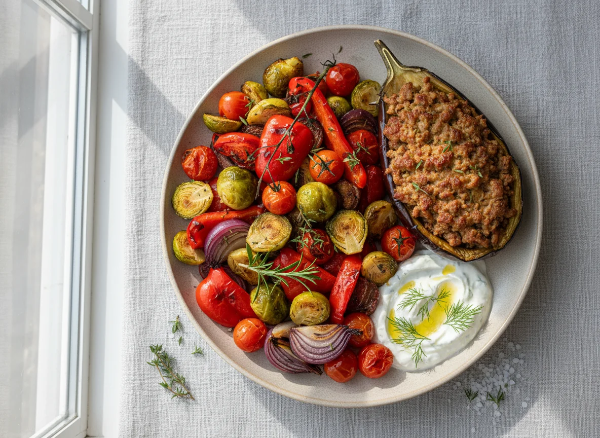Gemischtes Ofengemüse mit Tzatziki und gefüllter Aubergine photo
