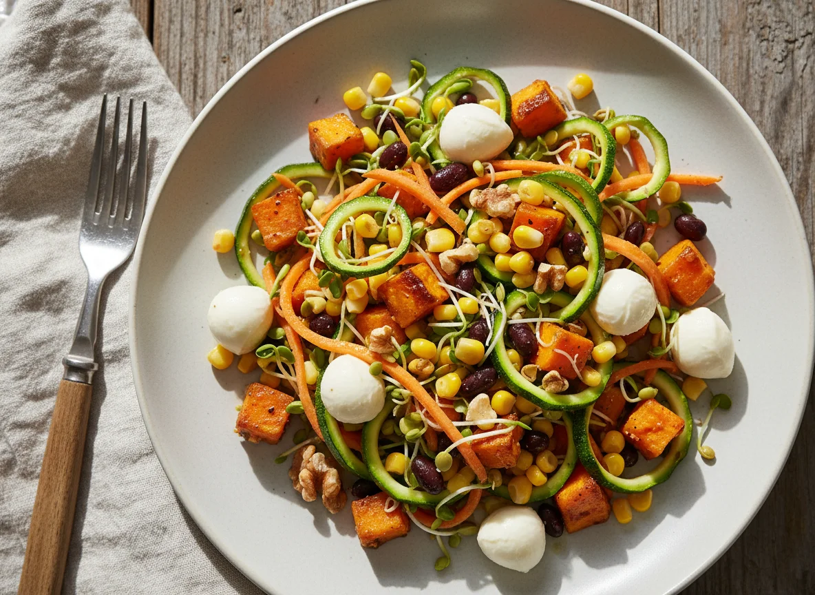 Gemüse- und Bohnen-Mais-Salat mit Sprossen photo