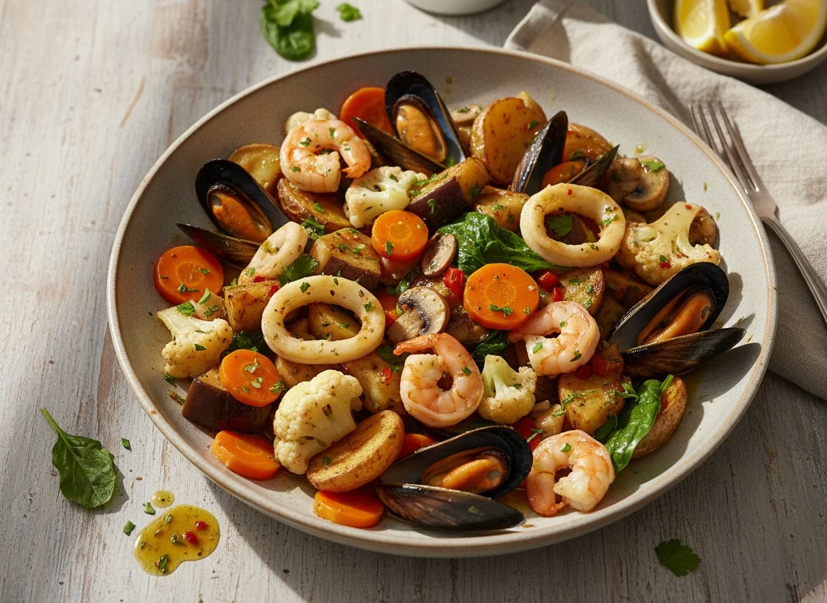 Gemüse- und Meeresfrüchtepfanne photo