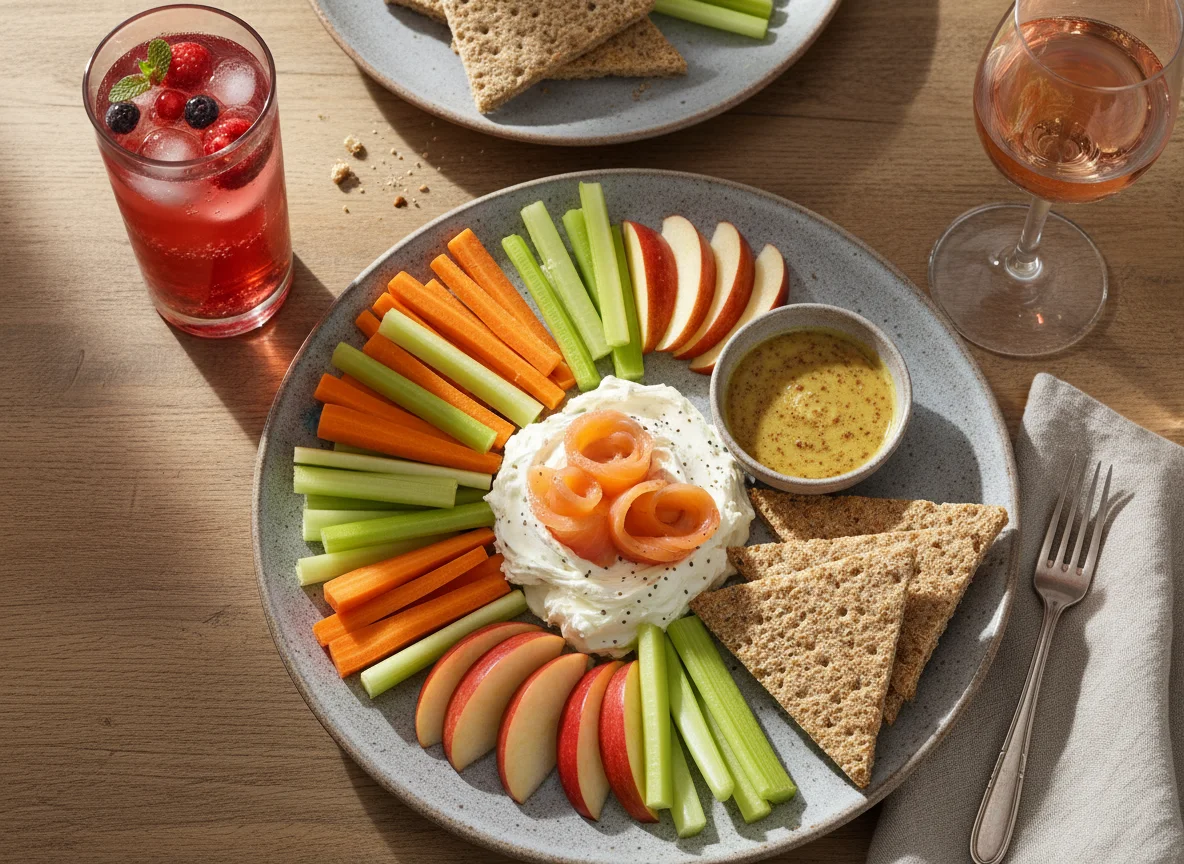 Gemüse- und Obstplatte mit Lachs und Frischkäse photo