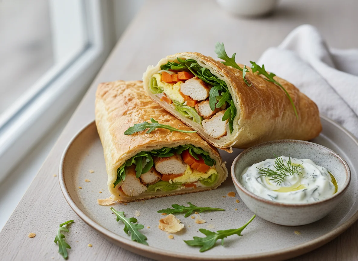 Gemüse wrap mit Hähnchen und Rucola und Tzaziki photo