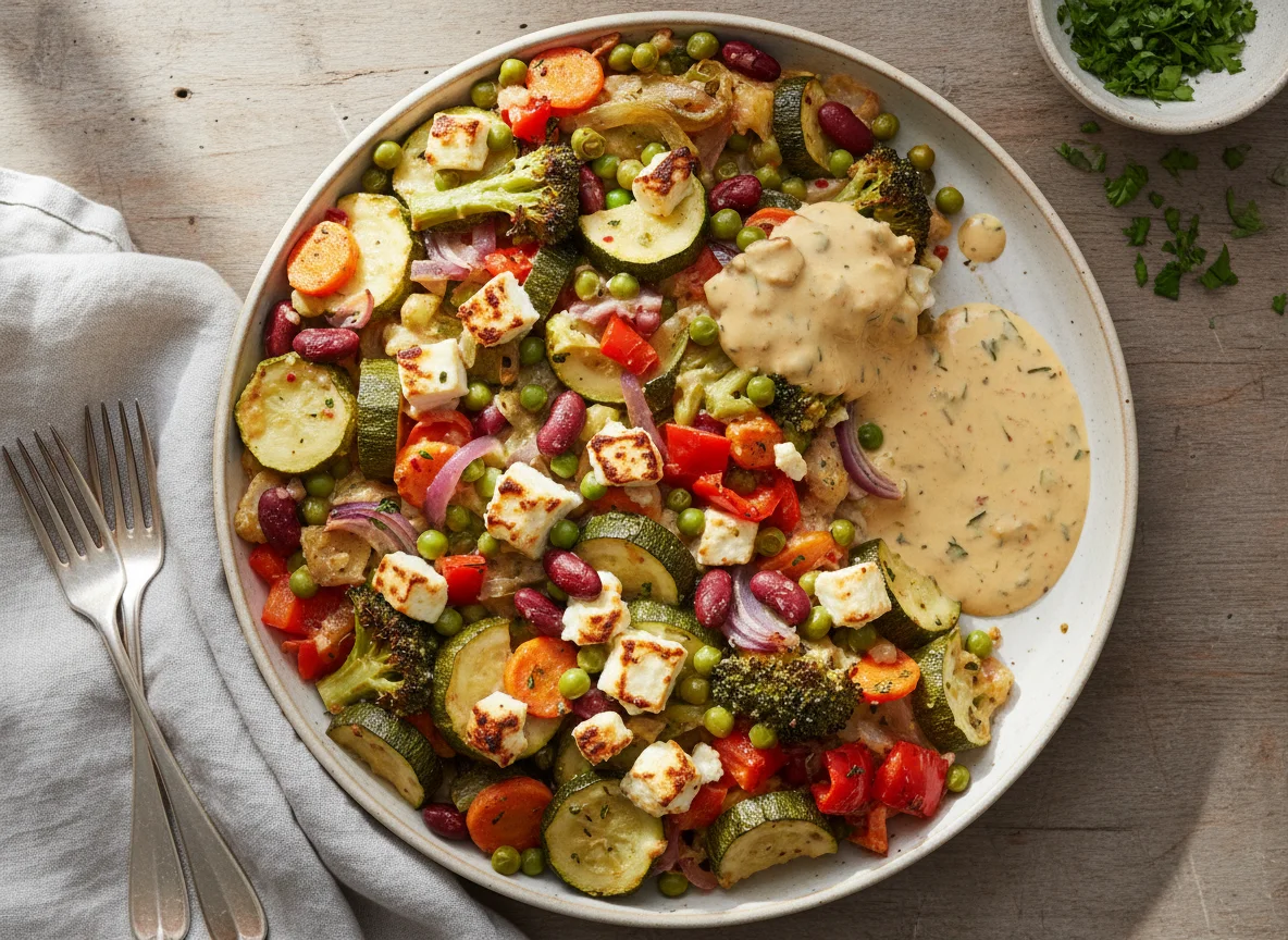 Gemüseauflauf mit Feta und Sauce photo