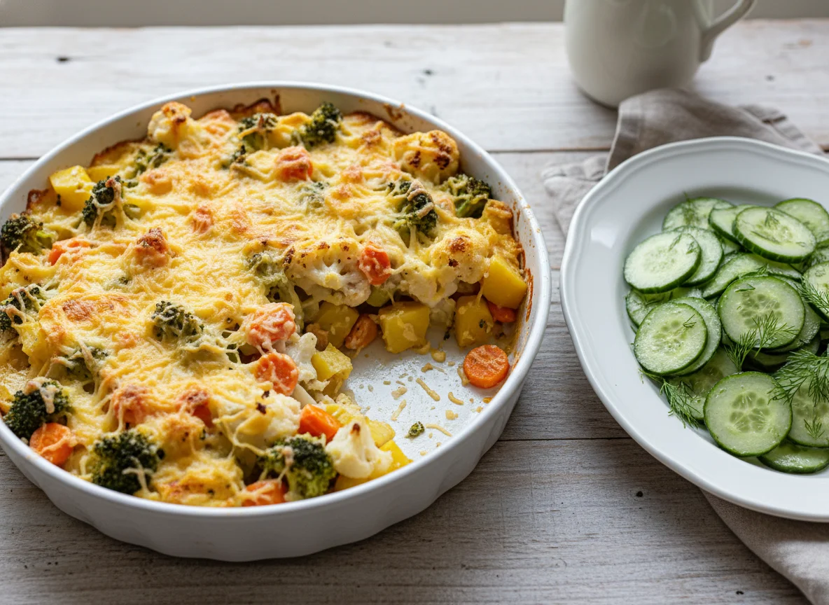 Gemüseauflauf mit Kartoffeln und Gurkensalat photo