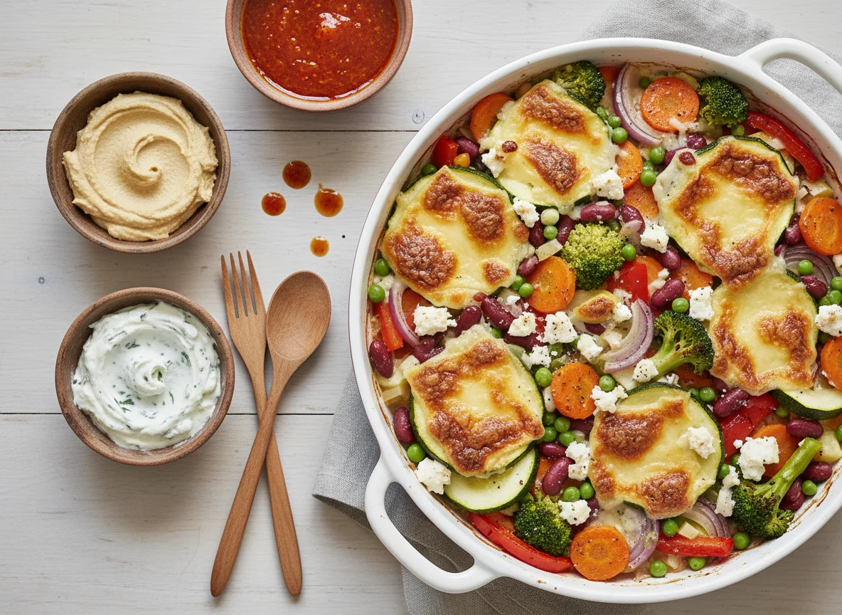 Gemüse-Bohnen-Auflauf mit Käse und Dips photo