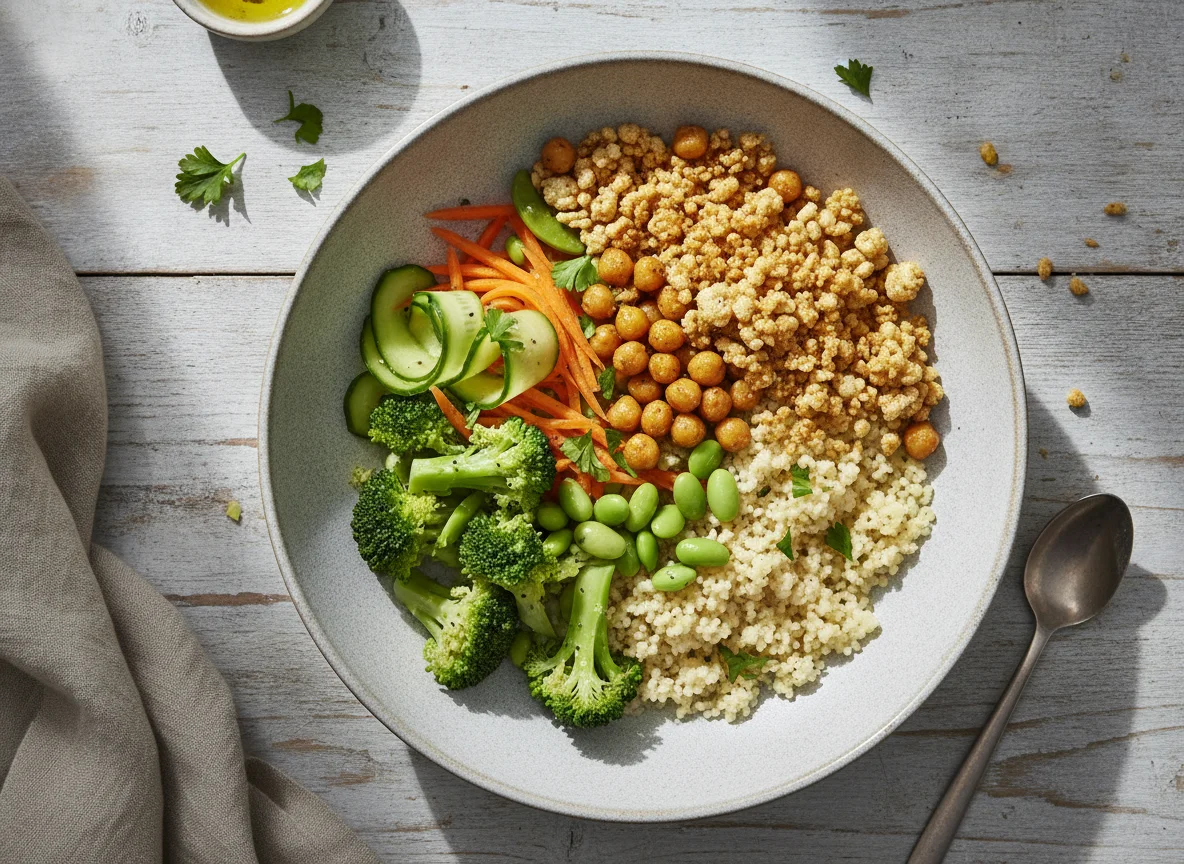 Gemüse-Bowl mit Couscous und knusprigen Topping photo