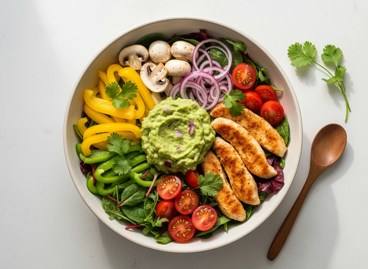 Gemüse-Bowl mit Guacamole und Hähnchen photo