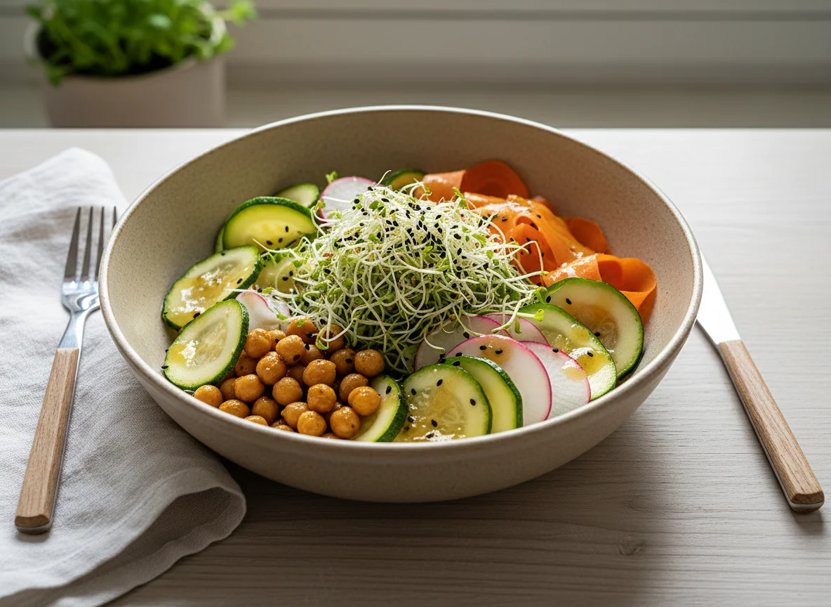 Gemüse-Bowl mit Kichererbsen und Sprossen photo