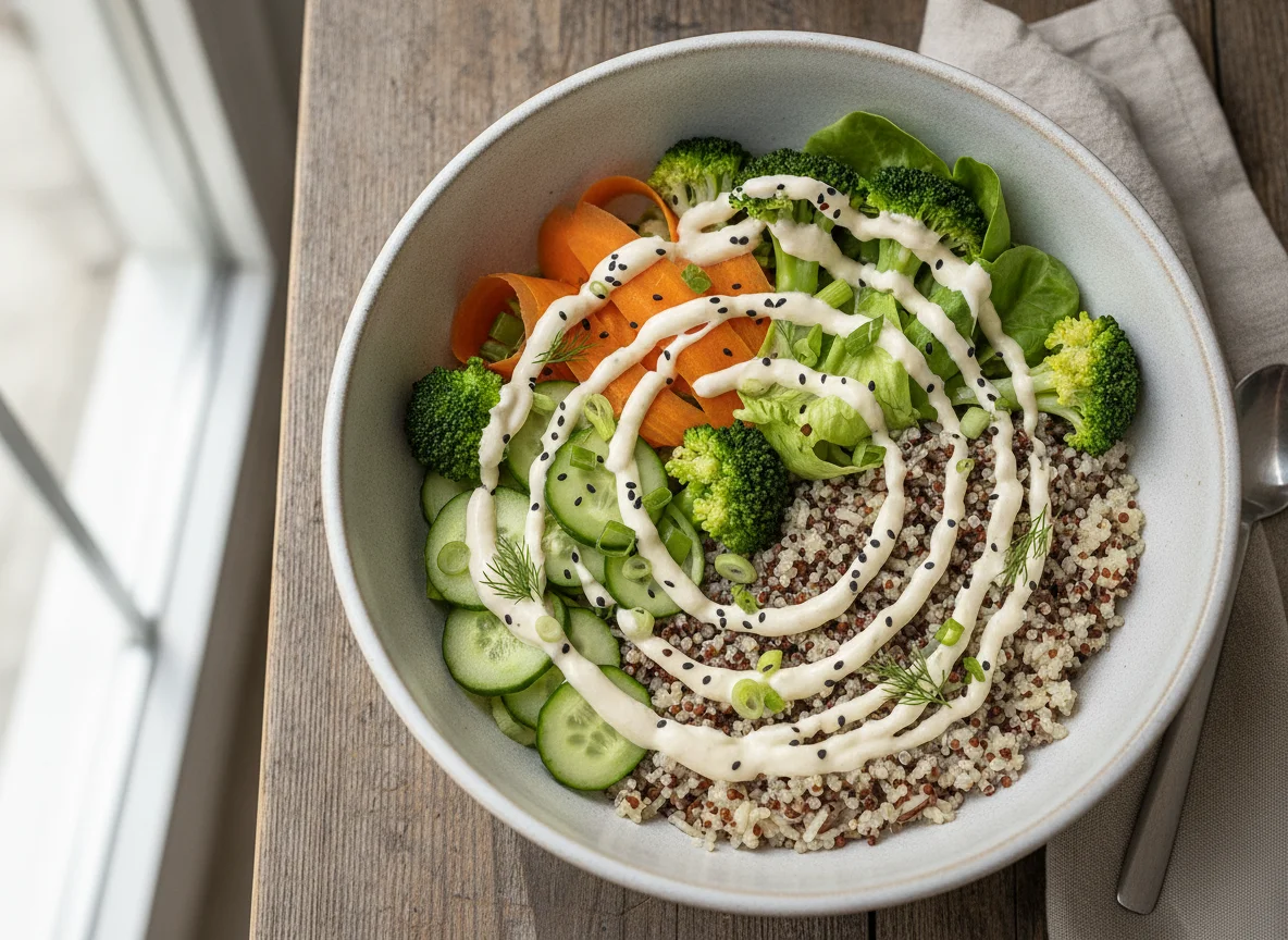 Gemüse-Bowl mit Quinoa, Reis und Dressing photo