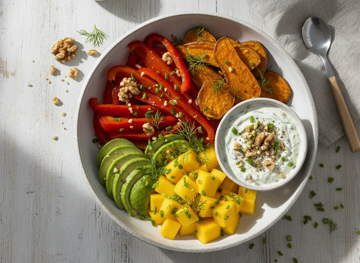 Gemüse-Bowl mit Süßkartoffelchips, Avocado, Mango und Walnuss-Dip photo