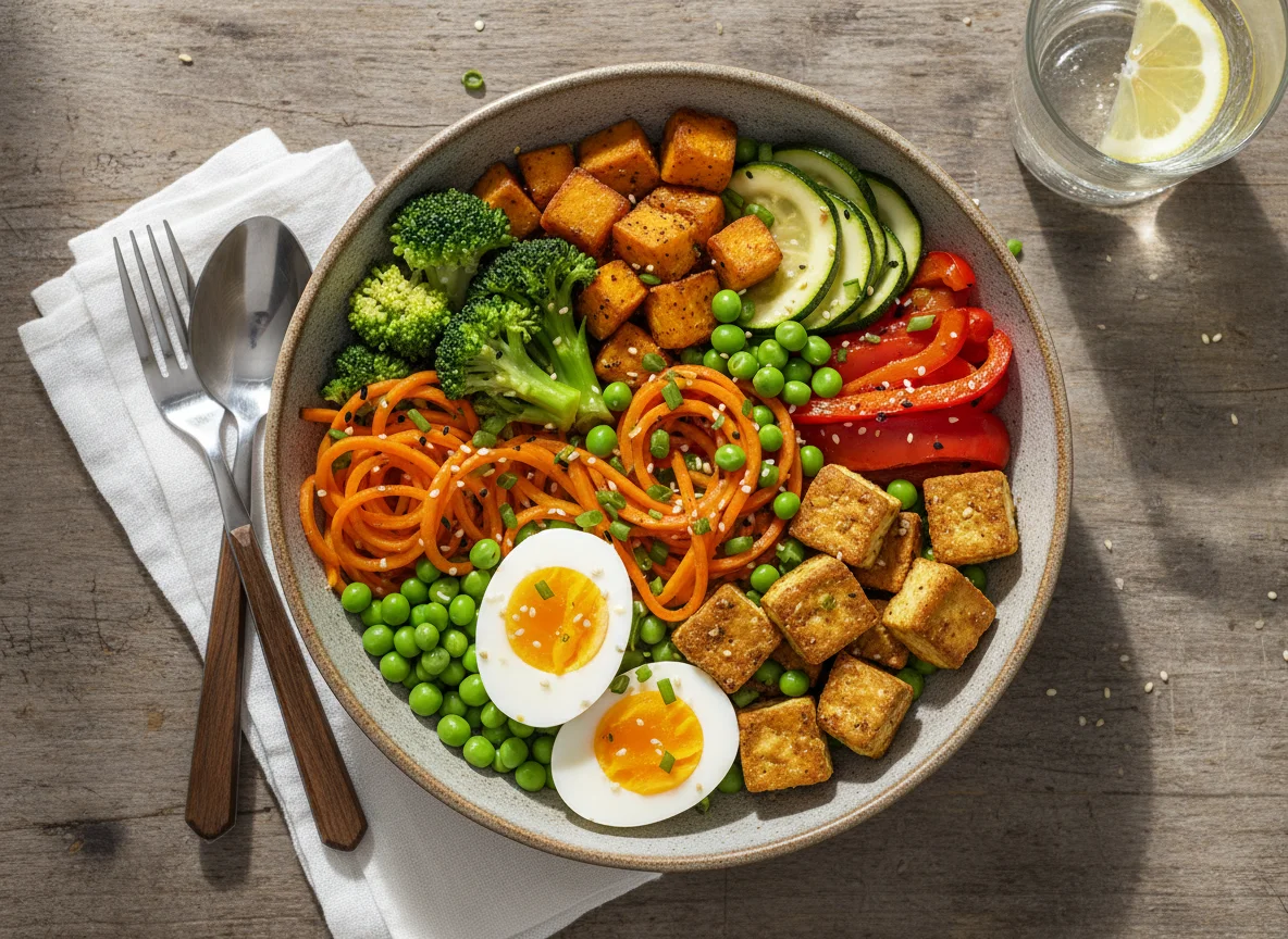 Gemüse-Bowl mit Tofu und Ei photo
