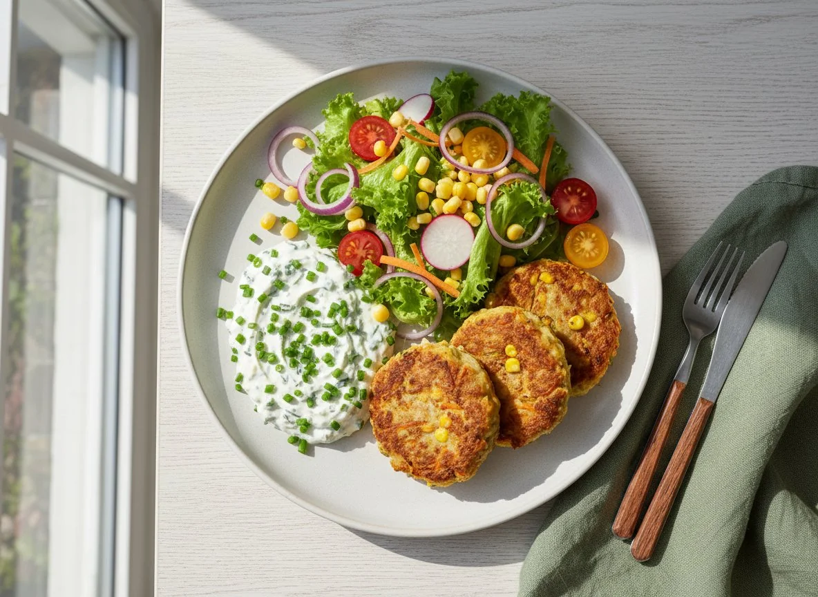 Gemüsebratlinge mit Kräuterquark und Salat photo