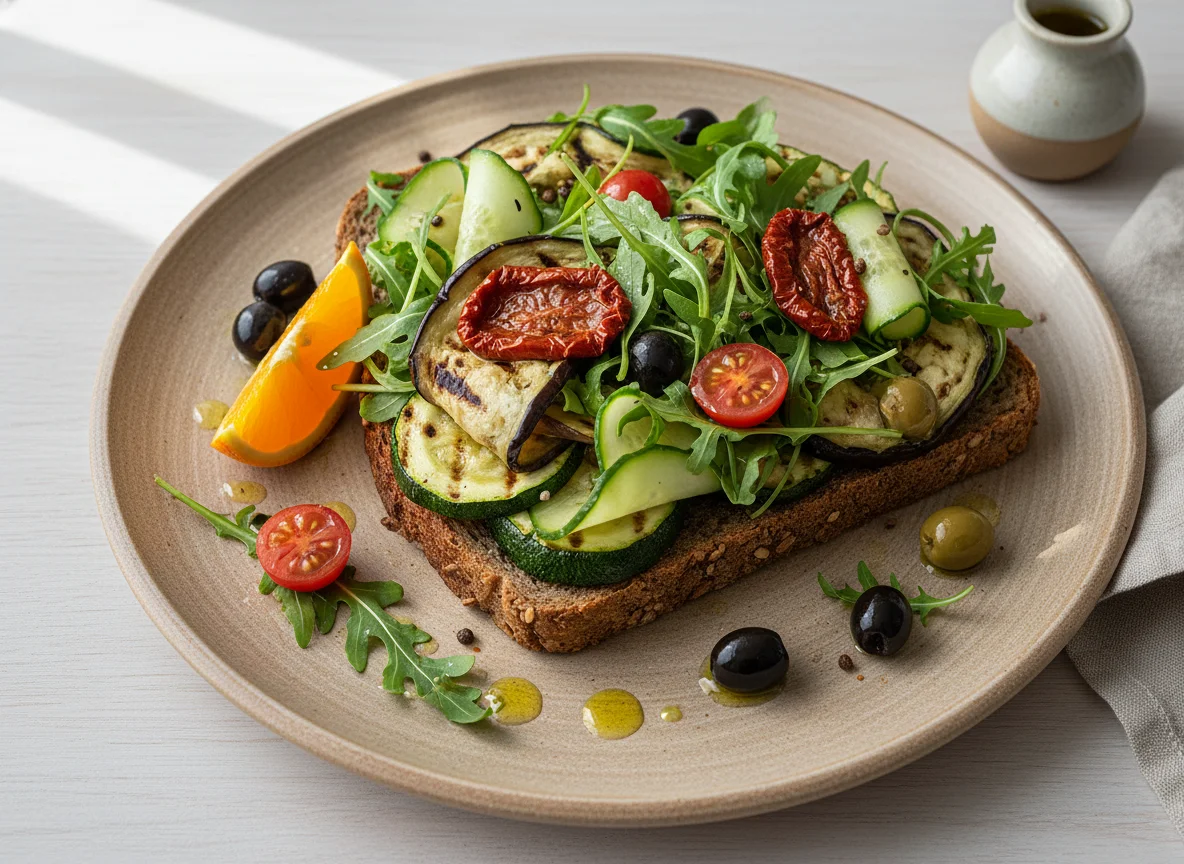 Gemüse-Brot mit Rucola und getrockneten Tomaten photo