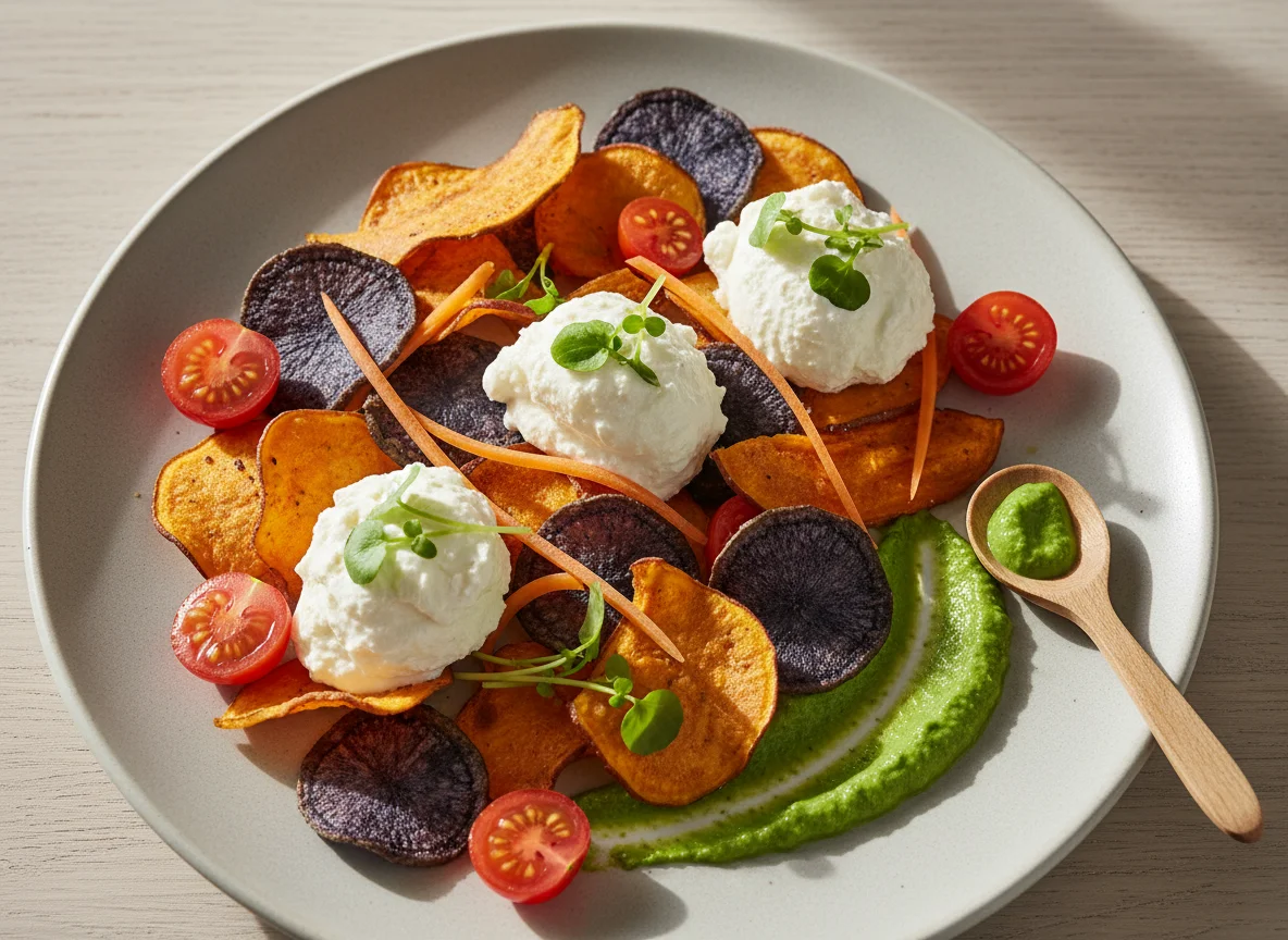 Gemüse-Chips mit Frischkäse und Püree photo