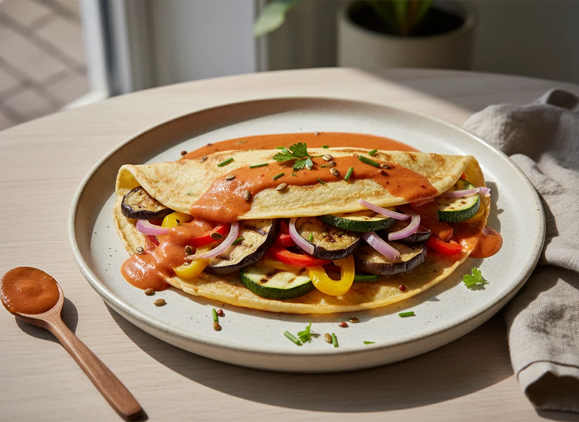 Gemüse-Crêpe mit Paprikasauce photo