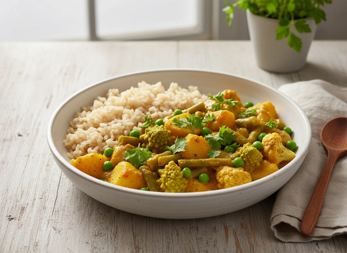 Gemüse-Curry mit braunem Reis photo