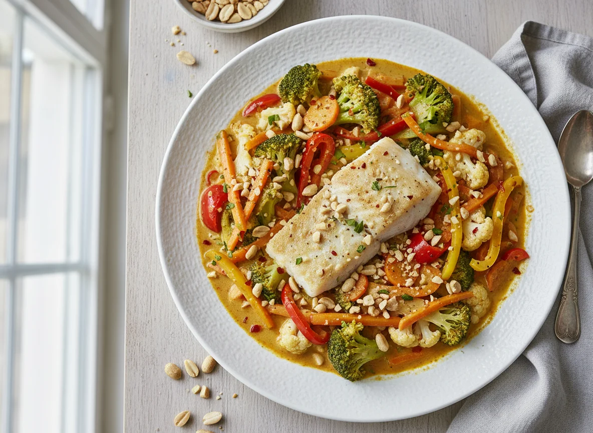 Gemüse-Curry mit Erdnüssen und Fisch photo