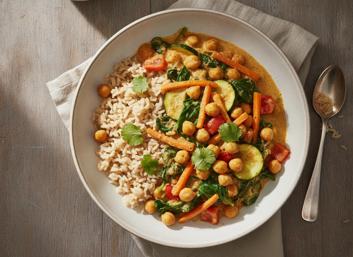 Gemüse-Curry mit Kichererbsen und Reis photo