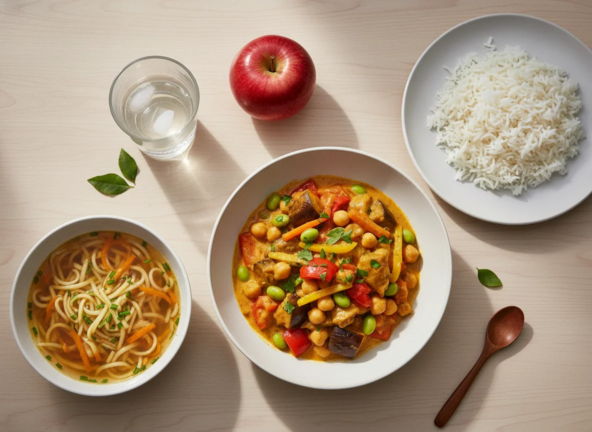 Gemüsecurry mit Reis, Nudelsuppe und Apfel photo