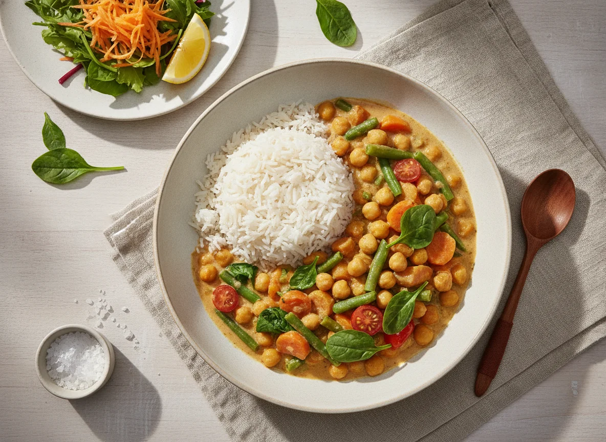Gemüse-Curry mit Reis und Beilagensalat photo