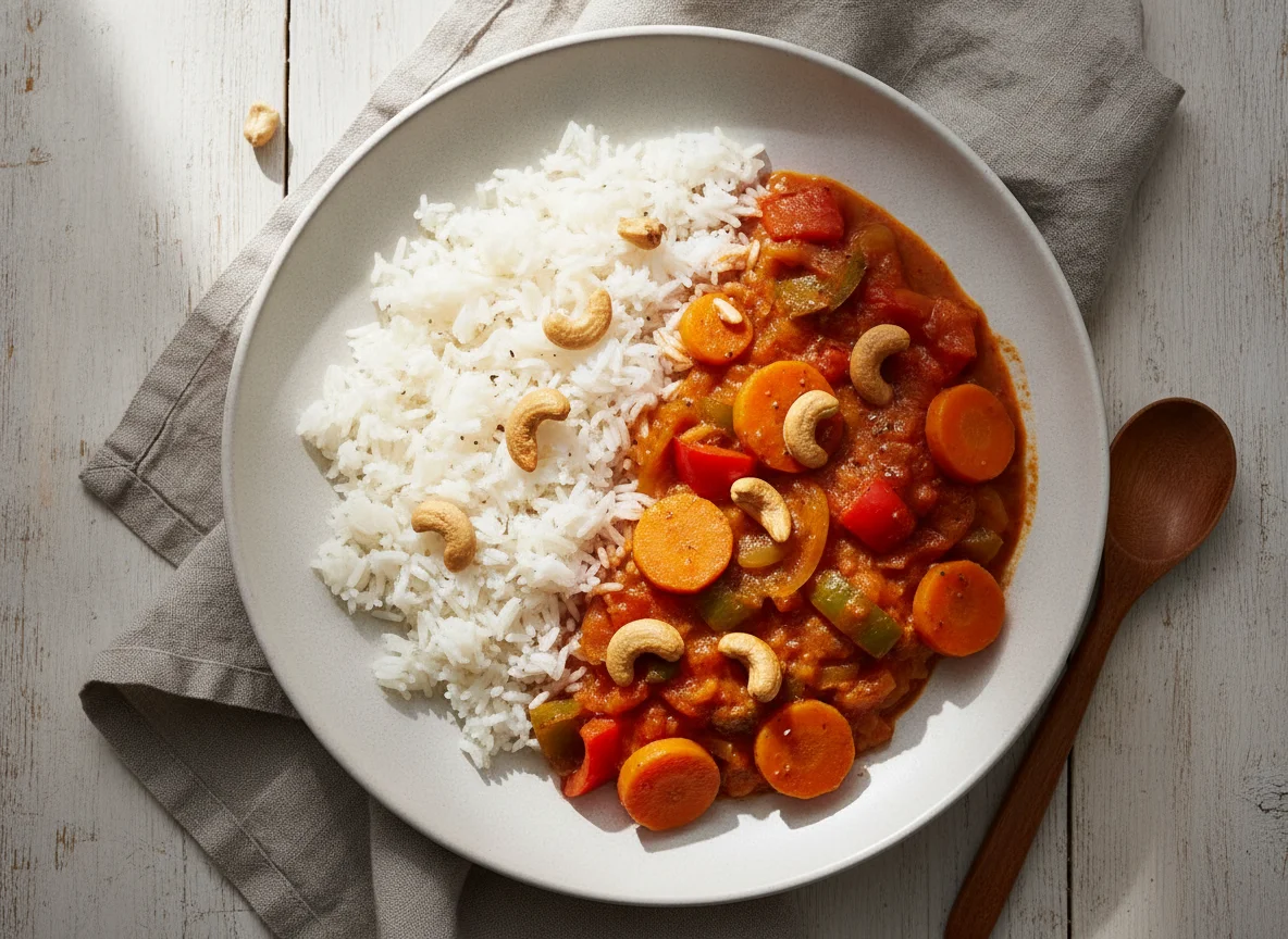 Gemüse-Curry mit Reis und Cashewkernen photo