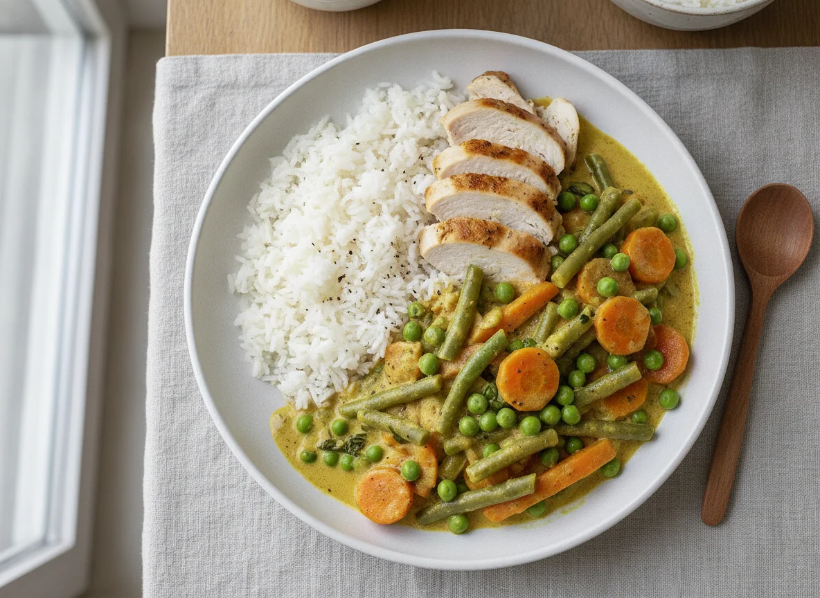 Gemüse-Curry mit Reis und Hähnchen photo
