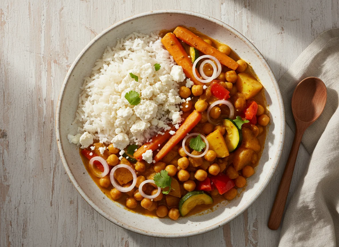 Gemüsecurry mit Reis und Hüttenkäse photo