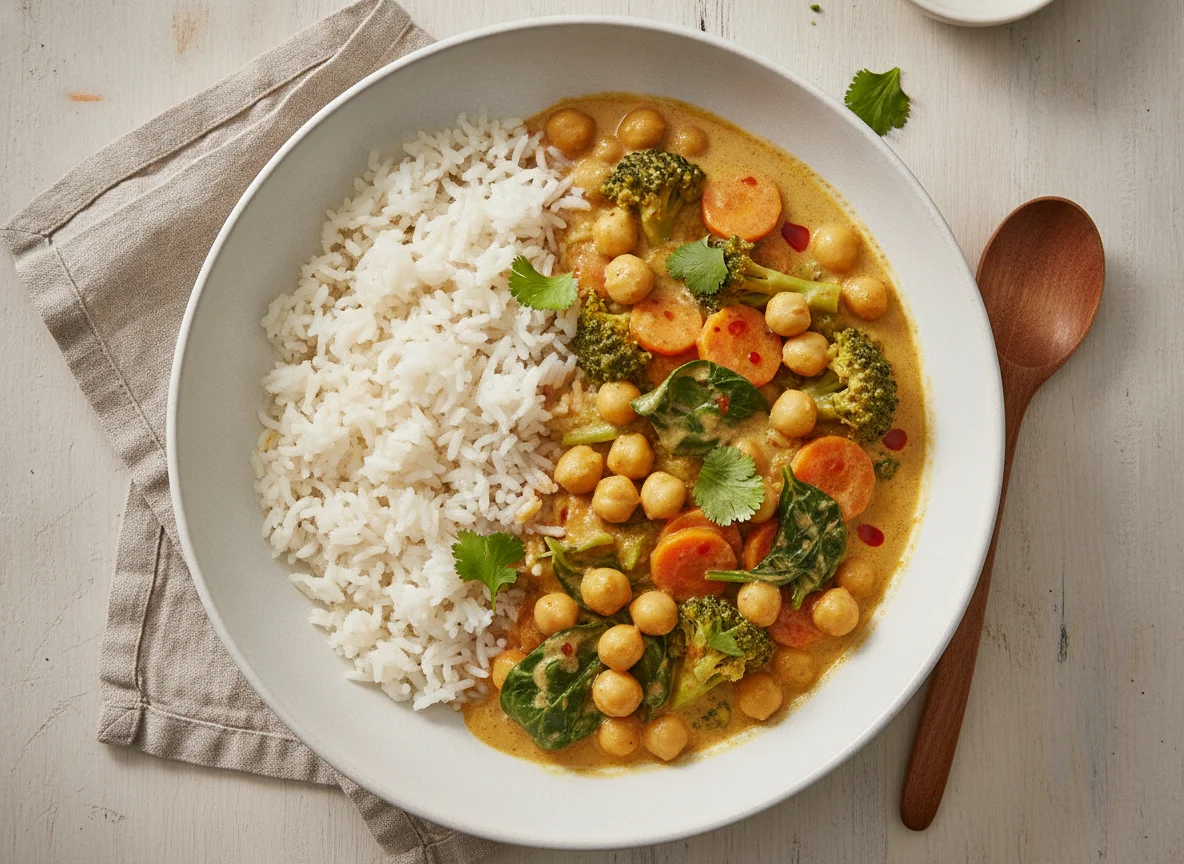 Gemüse-Curry mit Reis und Kichererbsen photo