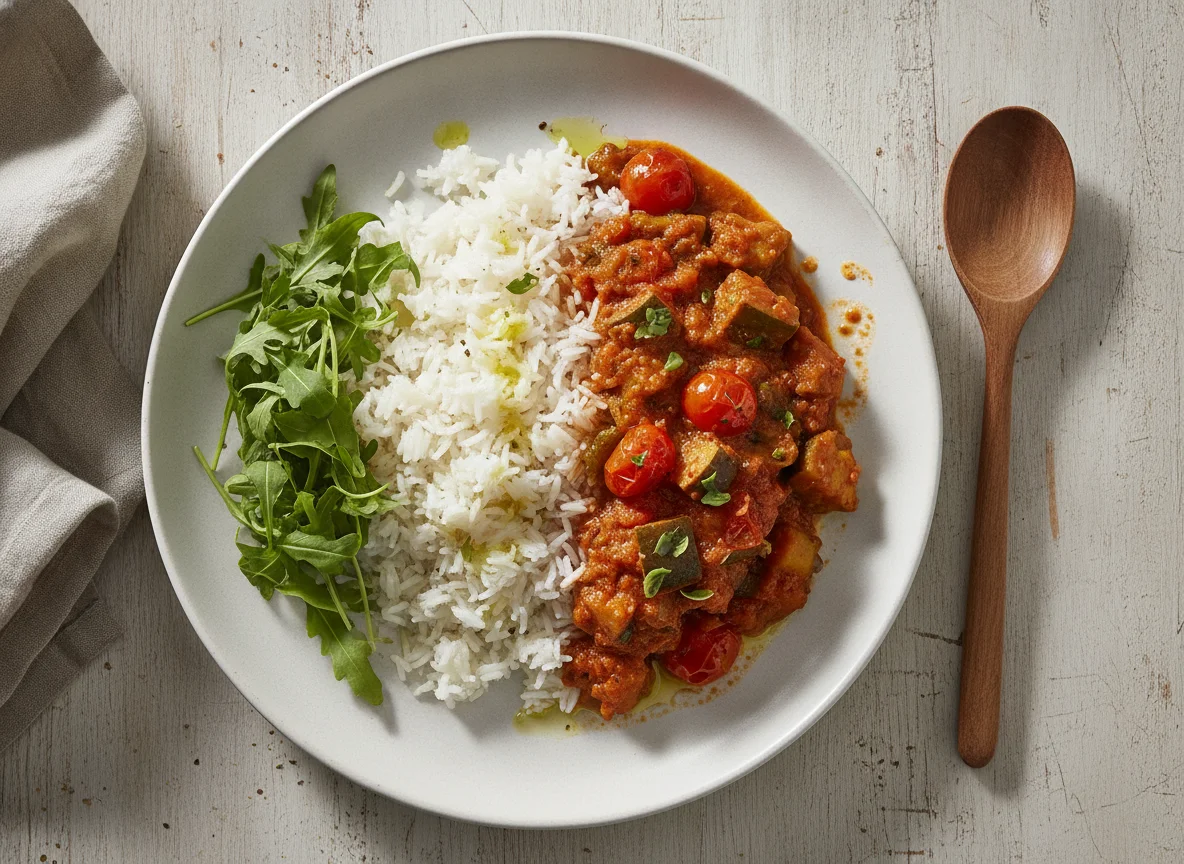 Gemüse-Curry mit Reis und Rucola photo