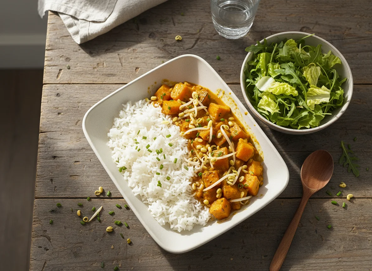 Gemüse-Curry mit Reis und Salat photo