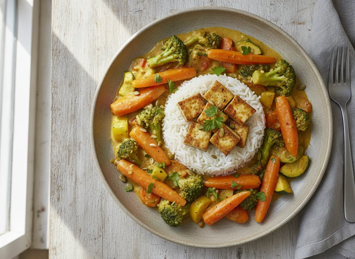 Gemüse-Curry mit Reis und Tofu photo