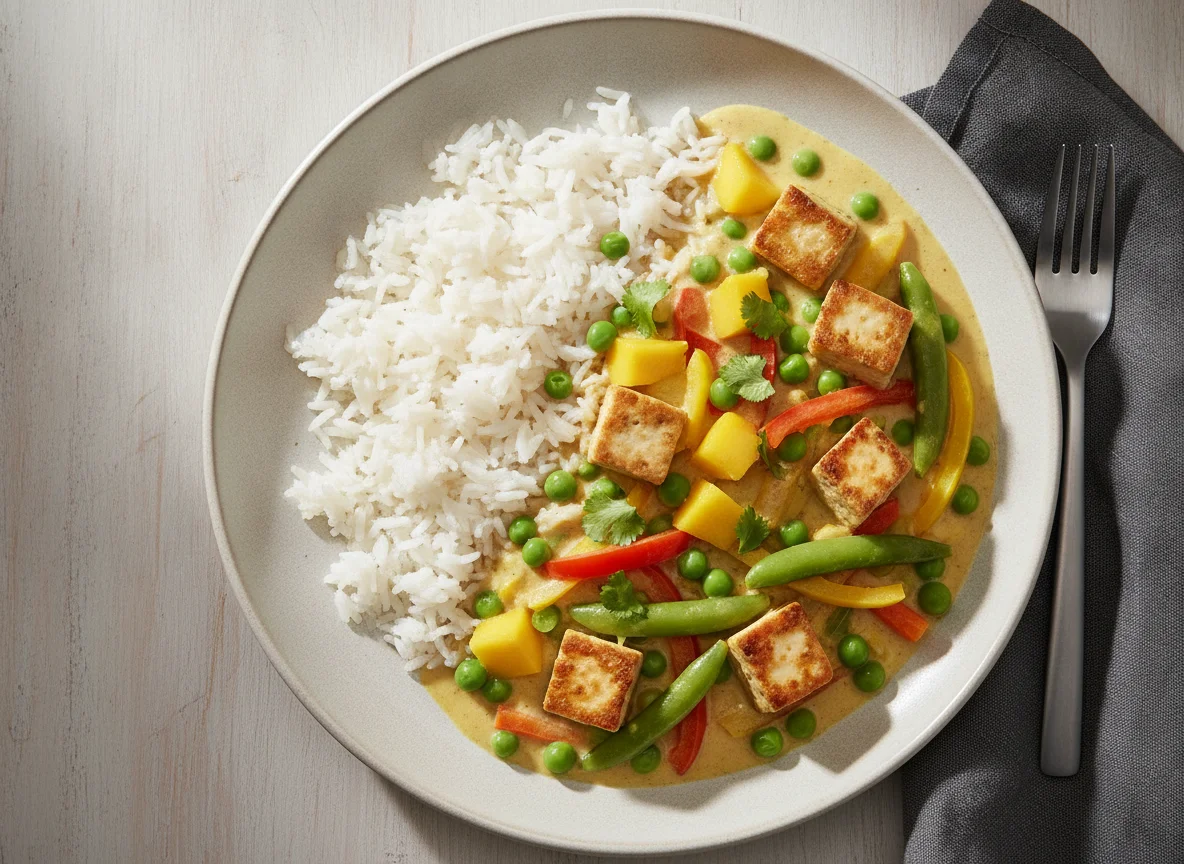 Gemüse-Curry mit Tofu und Reis photo