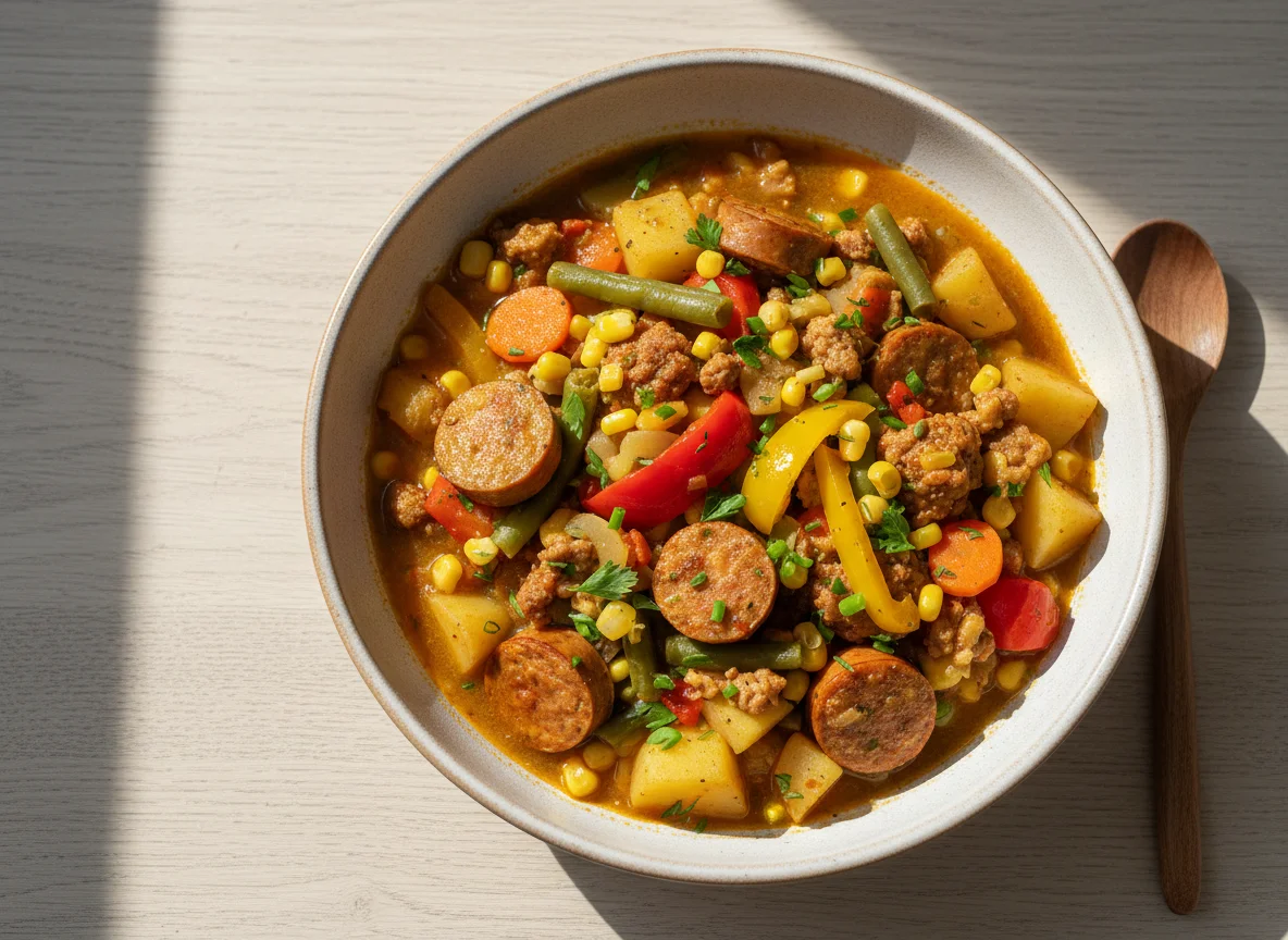 Gemüseeintopf mit Veggie Hack und Würstchen photo